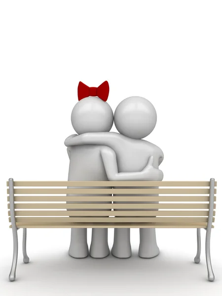 Abraçando casal em um banco (amor, série dia dos namorados, personagens isolados 3d ) — Fotografia de Stock