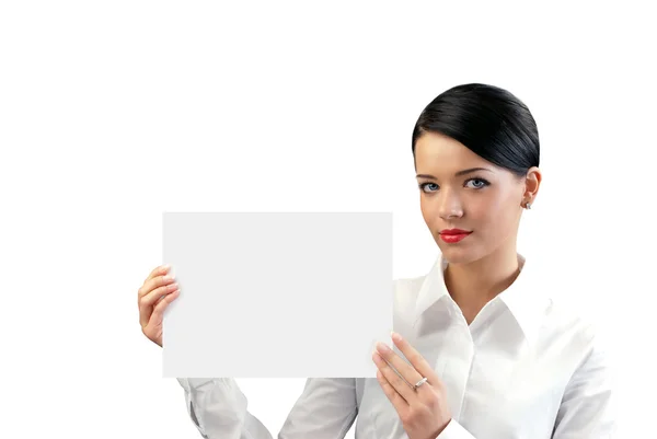 Attraente giovane donna d'affari con foglio di spazio copia — Foto Stock