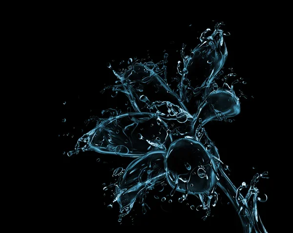 Flower blossom liquid artwork on black - Flower bud shape made of water with falling drops — Stock Photo, Image