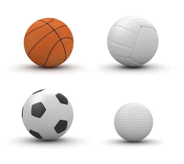 Quatre balles isolées : basket-ball, volley-ball, football, gol — Photo