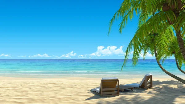 Zwei Liegestühle am idyllischen tropischen weißen Sandstrand. Schatten von den Palmen. kein Rauschen, saubere, extrem detaillierte 3D-Darstellung. Konzept für Urlaub, Wellness, Resort Design. — Stockfoto