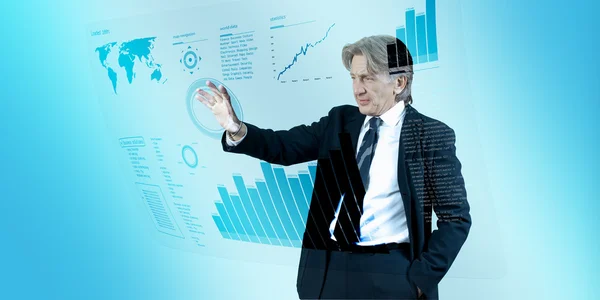 Businessman navigating interface in future (outstanding business in interiors - interfaces series) — Stock Photo, Image