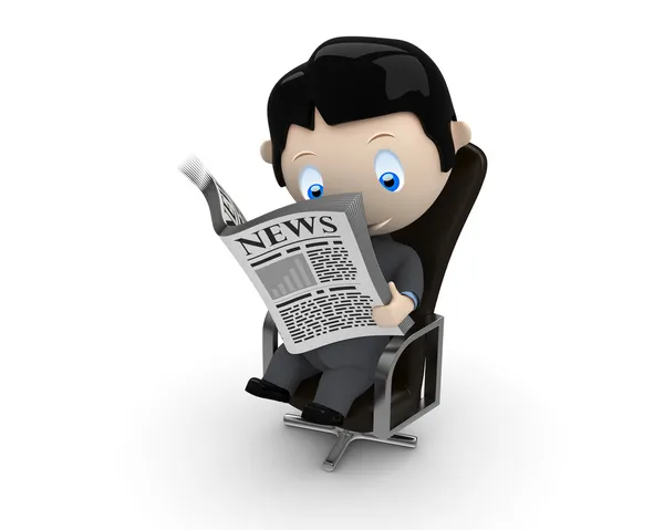 ¡Buenas noticias! Personajes sociales en 3D: hombre de negocios en traje leyendo el periódico en una silla de oficina de cuero. Nueva colección en constante crecimiento de imágenes expresivas únicas multiuso. Concepto para noticias illustr — Foto de Stock