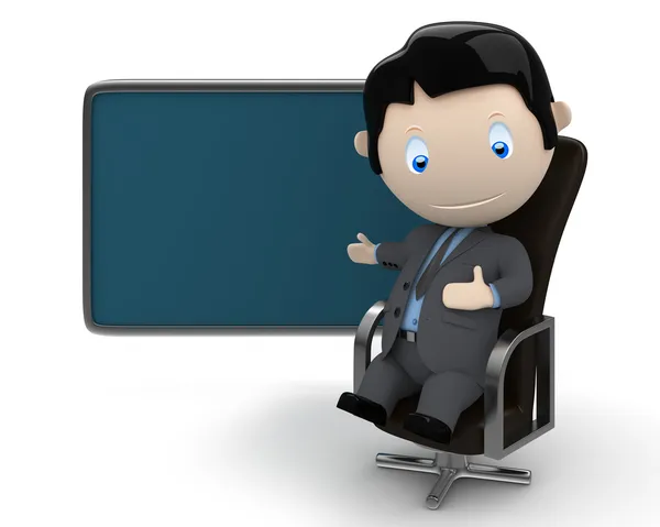 Coloque su texto, logotipo, producto en un espacio de copia en blanco. Personajes sociales 3D: hombre de negocios con traje sentado en una silla de oficina de cuero apuntando al espacio rectangular en blanco . — Foto de Stock