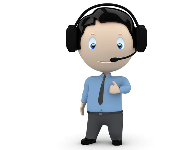 O operador do Call Center gosta de ti! Personagens sociais 3D: jovem feliz vestindo fone de ouvido, gravata e camisa mostrando dedo grande. Nova coleção em constante crescimento de imagens multiúso únicas expressivas — Fotografia de Stock