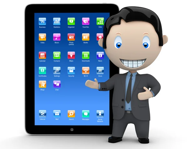 É a era do touchpad! Personagens sociais 3D: homem de negócios de terno apontando para o dispositivo moderno organizador touch pad. Nova coleção em constante crescimento de expressivas imagens multiúso únicas — Fotografia de Stock