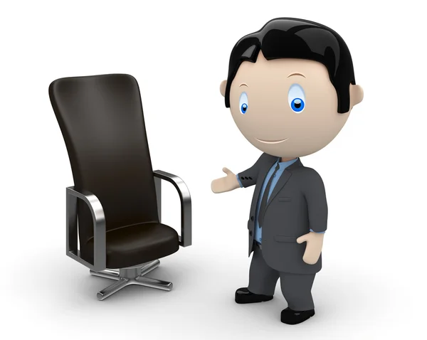 Bem-vindos ao vosso novo local de trabalho. Personagens sociais 3D: homem de negócios apontando para cadeira de escritório de couro. Nova coleção em constante crescimento de expressivas imagens multiúso únicas. Conceito para carreira — Fotografia de Stock