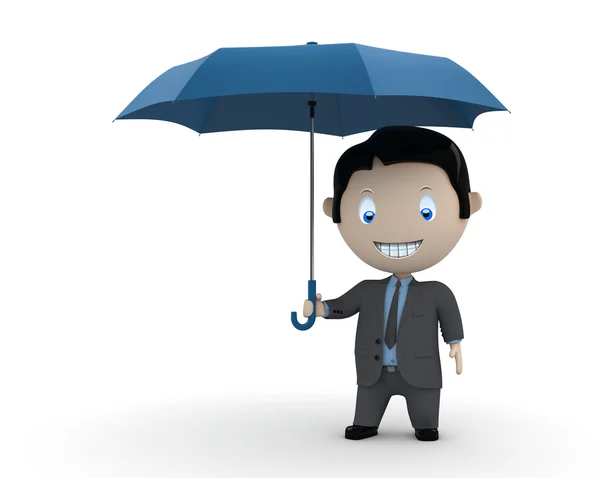 Під захистом! Соціальні 3D персонажі: бізнесмен, що стоїть з парасолькою. Нова колекція постійно зростаючих унікальних зображень множинного використання. Концепція страхової ілюстрації. Ізольовані . — стокове фото