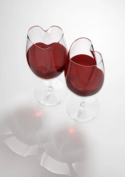 Copos de vinho em forma de coração cheio de veneno de amor (amor, série dia dos namorados, objetos isolados 3d ) — Fotografia de Stock