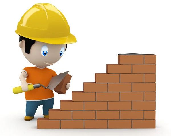 Under construction! Social 3D characters: man using trowel to place the brick. New constantly growing collection of expressive unique multiuse images. Concept for construction process illustrat — Stock Photo, Image