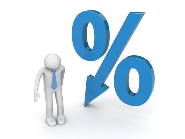 Zakenman en procent teken met dalende pijl — Stockfoto