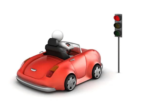 Red cabrio on stopped red traffic light signal — Stock Photo, Image