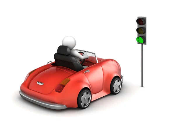 Red cabrio starting on green traffic light signal — Stock Photo, Image