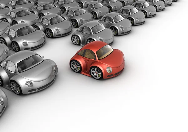 Speciella röda bilen framför många grå bilar — Stockfoto