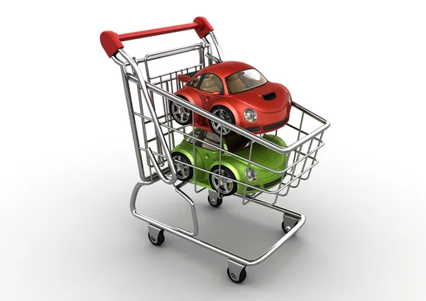 Rote und grüne Autos im Warenkorb (lustige Mikromaschinen-Serie)) — Stockfoto