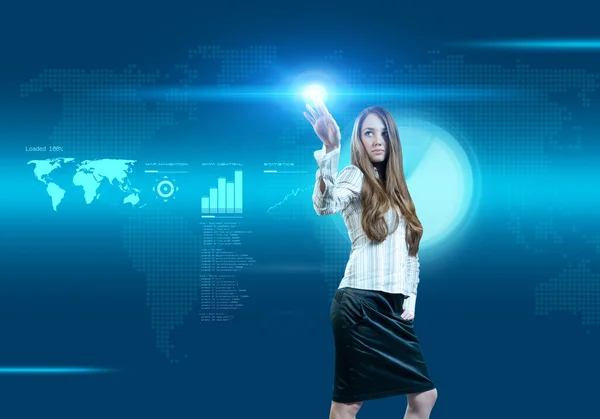 Future business solutions businesswoman operating interface (outstanding business in interiors interfaces series) — Stock Photo, Image