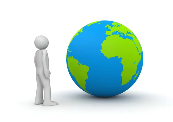Man looking at planet Earth - globe — Stock Photo, Image