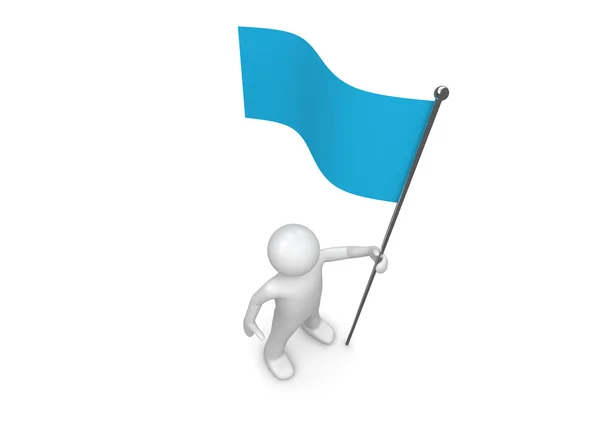 Mann hält blaue Fahne an Fahnenmast — Stockfoto