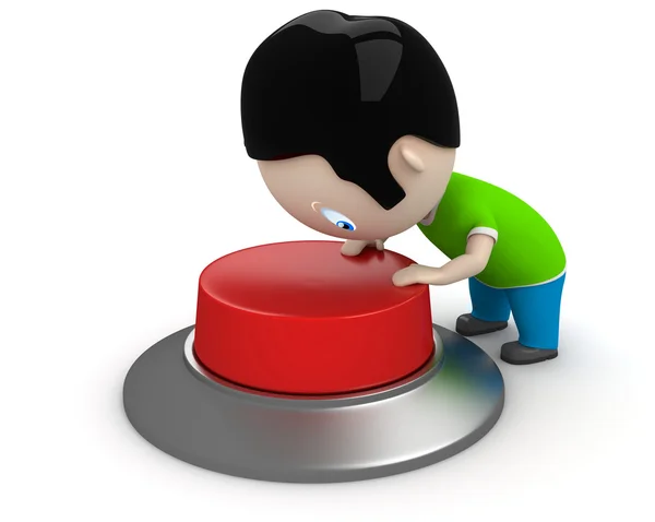 Start! Social 3D characters: boy pressing red button to start the process. New constantly growing collection of expressive unique multiuse images. Concept for start illustration. Isolated. — Stock Photo, Image