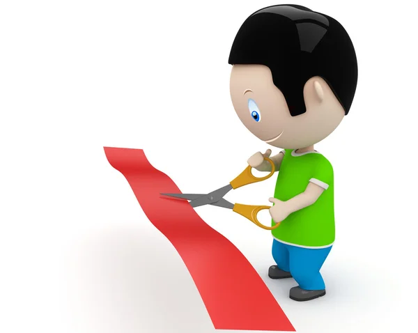 Unveiling! Social 3D characters: young man cutting red line with scissors. New constantly growing collection of expressive unique multiuse images. Concept for opening illustration. Isolated. — Stock Photo, Image