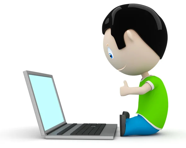 Gefällt mir! soziale 3D-Charaktere: fröhlich lächelnder Junge, der großen Finger zum Laptop zeigt. neue, ständig wachsende Sammlung ausdrucksstarker, einzigartiger Multiuse-Bilder. Konzept für soziale Illustration. Isol — Stockfoto