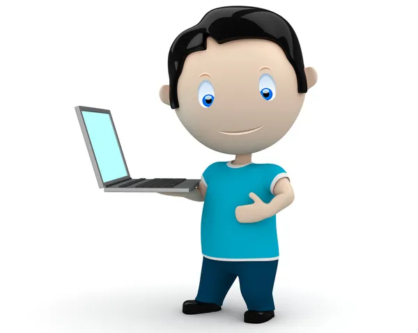Het is laptop tijd! sociale 3d figuurtjes: gelukkig lachend jongeman presenteert laptop op zijn palm. nieuwe voortdurend groeiende verzameling van expressieve unieke BT530 beelden. concept voor computer — Stockfoto