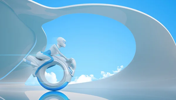 Biker riding futuristic mono wheel bike - Future collection — Stock Photo, Image
