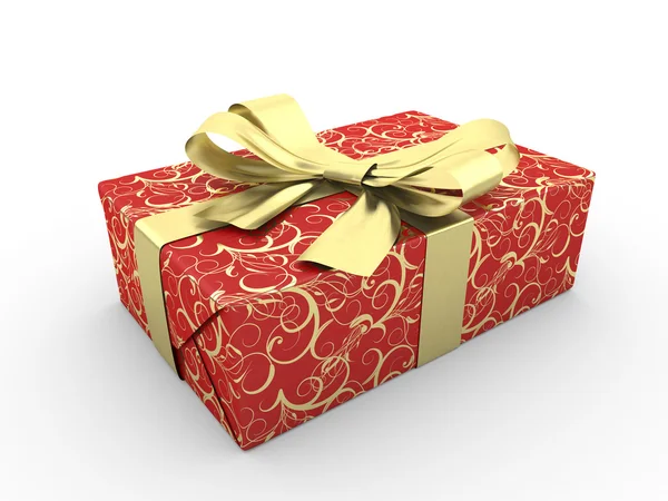 Červená dárková krabička vymyšlené luk (Zlatý proužek s hvězdami na papíře červené balení) — Stock fotografie