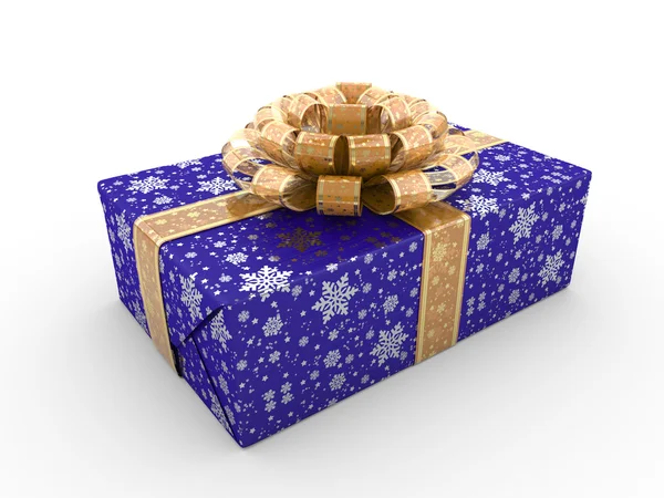 Blue gift box fancy bow (gold stripe with stars on blue packaging paper) — Stock Photo, Image