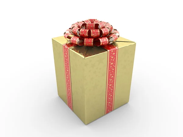 Gold gift box (red stripe with stars on gold packing paper) — Stock Photo, Image