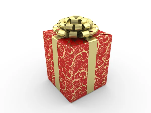Piros ajándék doboz (arany csíkos íj csillagok piros csomagoló papír) — Stock Fotó
