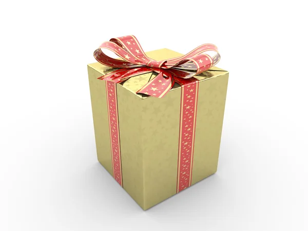 Gold gift box fancy bow (red stripe with stars on gold packing paper) — Stock Photo, Image