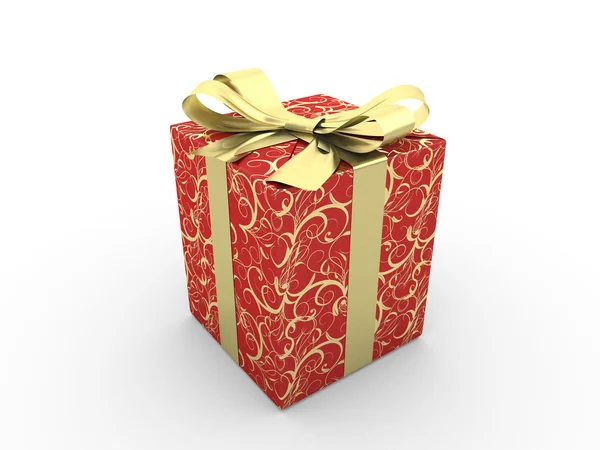 Red gift box fancy bow (gold stripe with stars on red packaging paper) — Stock Photo, Image