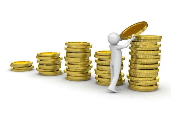 Homem coletando dinheiro (série financeira de caráter isolado e moedas em fundo branco ) — Fotografia de Stock