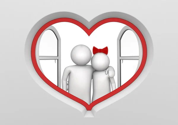 Couple in the heart shaped window (love, valentine day series, 3d isolated characters) — Stock Photo, Image