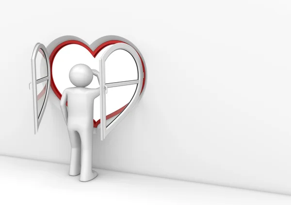Heart window observer (love, valentine day series, 3d isolated characters) — Stock Photo, Image