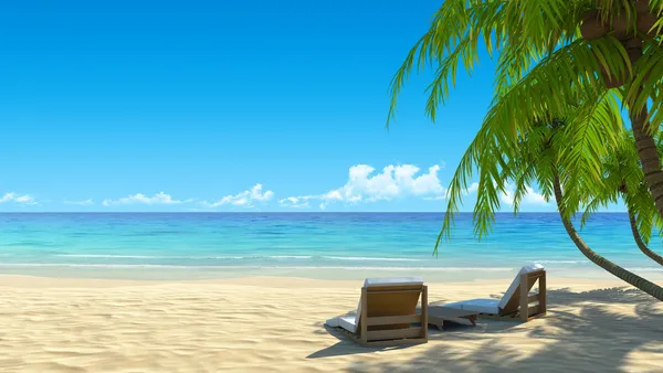Két strand székek, idilli trópusi fehér homokos strandján. árnyék a pálmafák. nincs zaj, tiszta, nagyon részletes 3d render. ünnepek, spa, resort design koncepció. — Stock Fotó