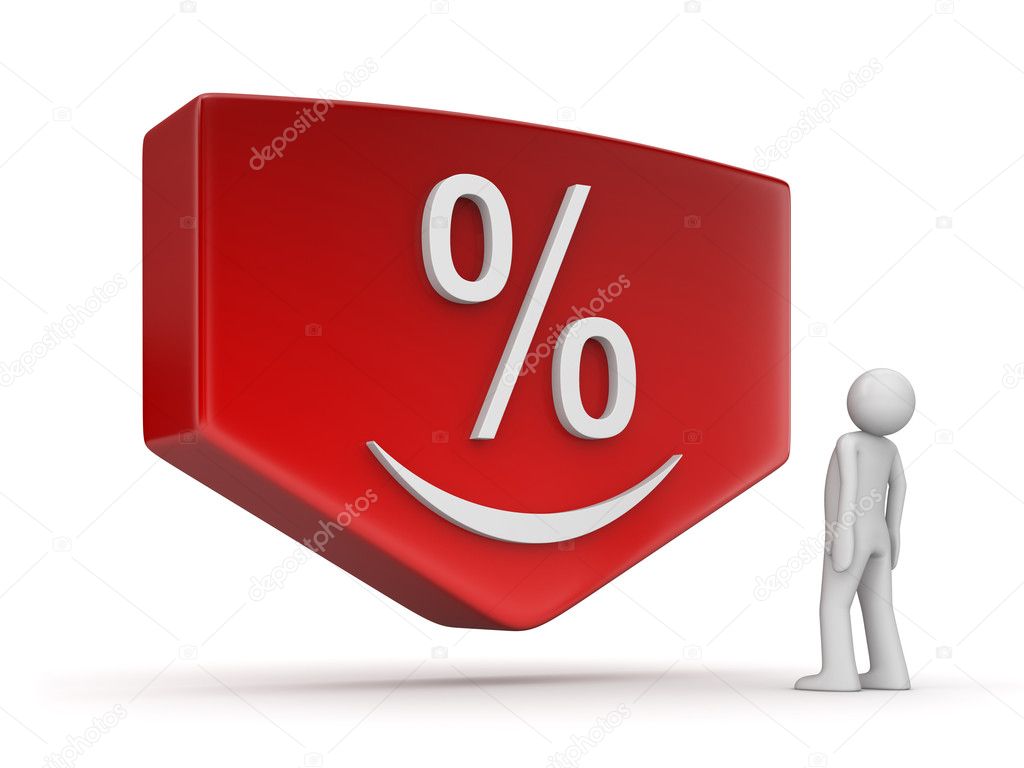 Sale, discount series (3d isolated character, red plate, arrow, smiling percentage sign)