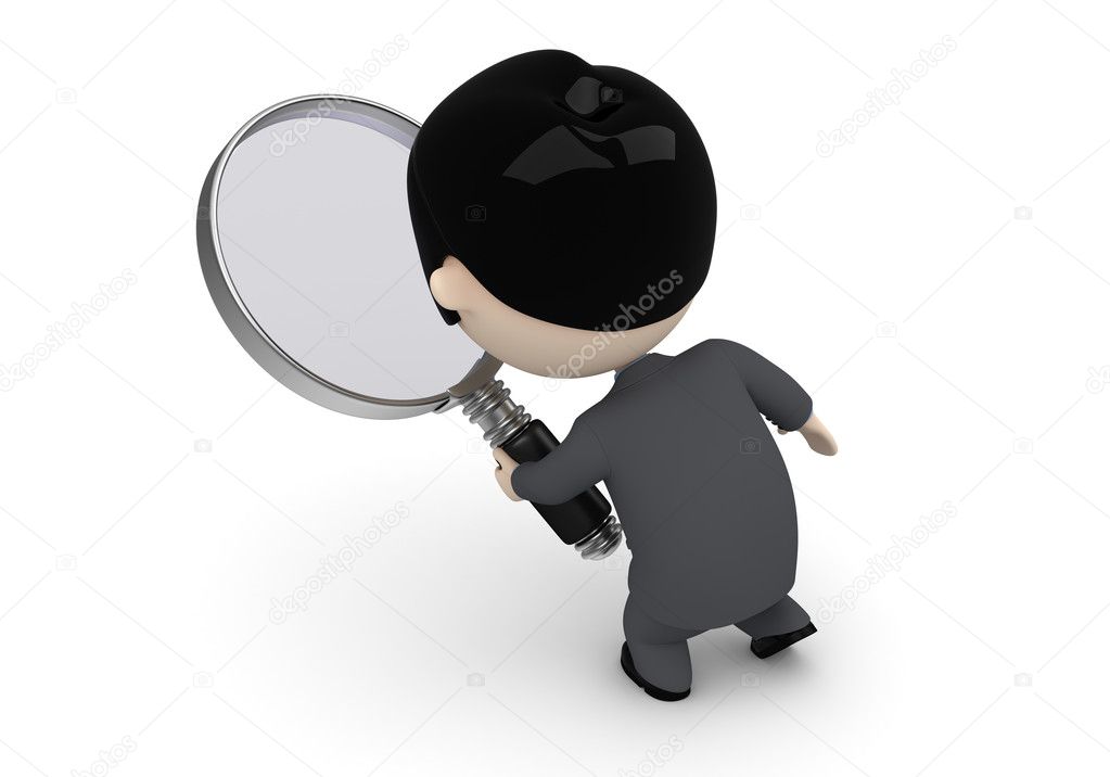 Search process! Social 3D characters: businessman with loupe searching. New constantly growing collection of expressive unique multiuse images. Concept for search engine illustration. Isolated.