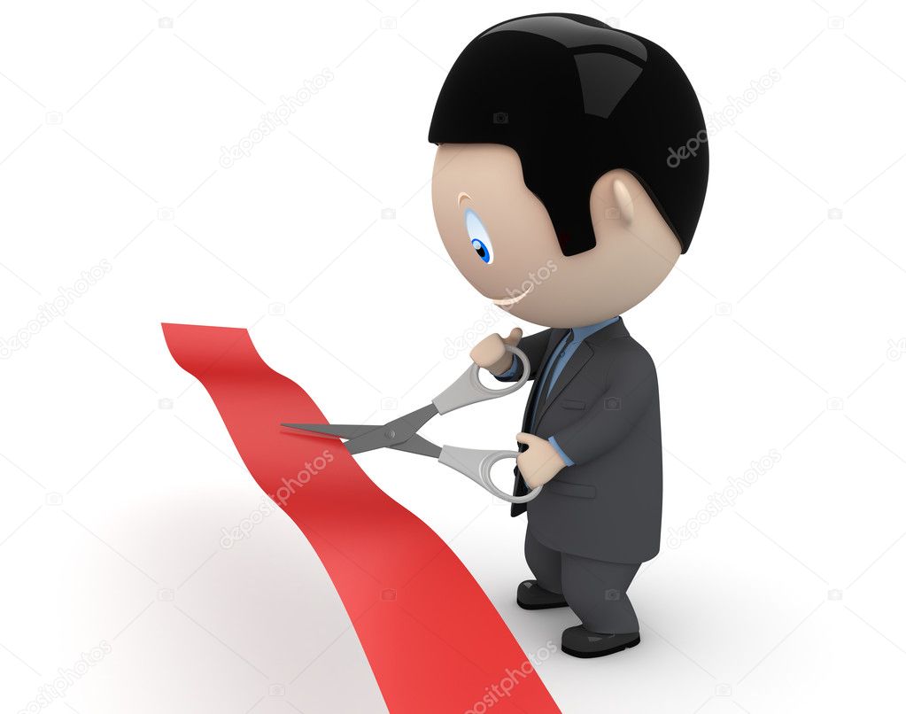 Unveiling! Social 3D characters: businessman in suit cutting red line with scissors. New constantly growing collection of expressive unique multiuse images. Concept for opening illustration. Is