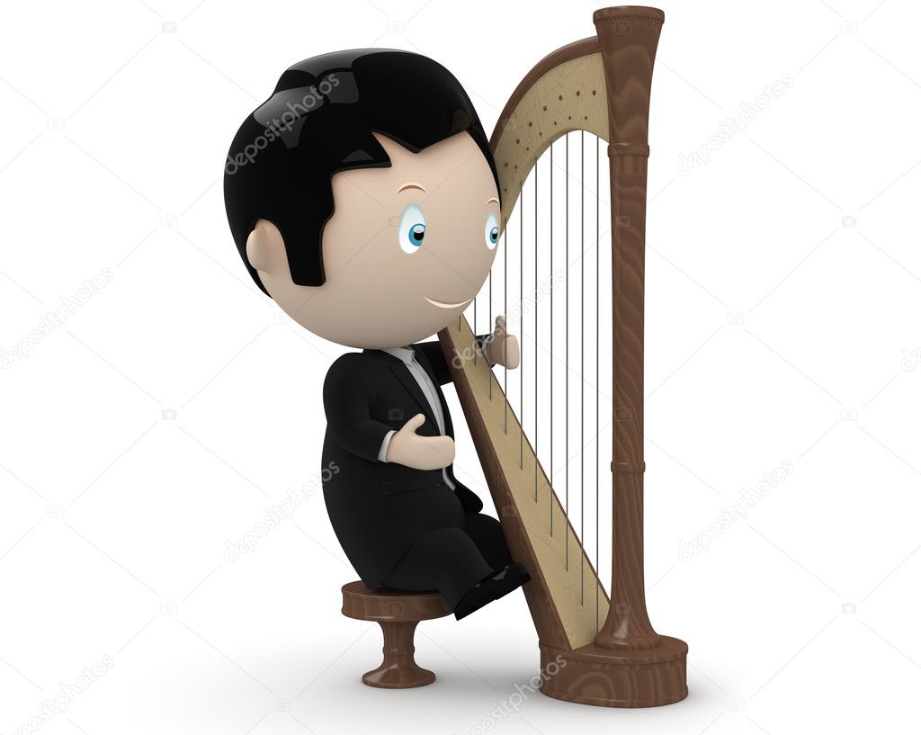 Musician at play! Social 3D characters: young man wearing tailcoat plays harp. New constantly growing collection of expressive unique multiuse images. Concept for arts and entertainment illustr