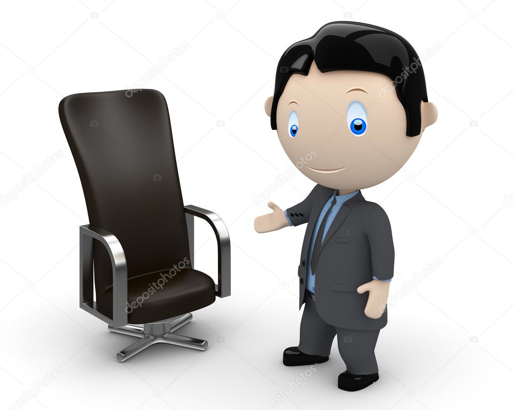 Welcome to your new place of work. Social 3D characters: businessman pointing at leather office chair. New constantly growing collection of expressive unique multiuse images. Concept for career