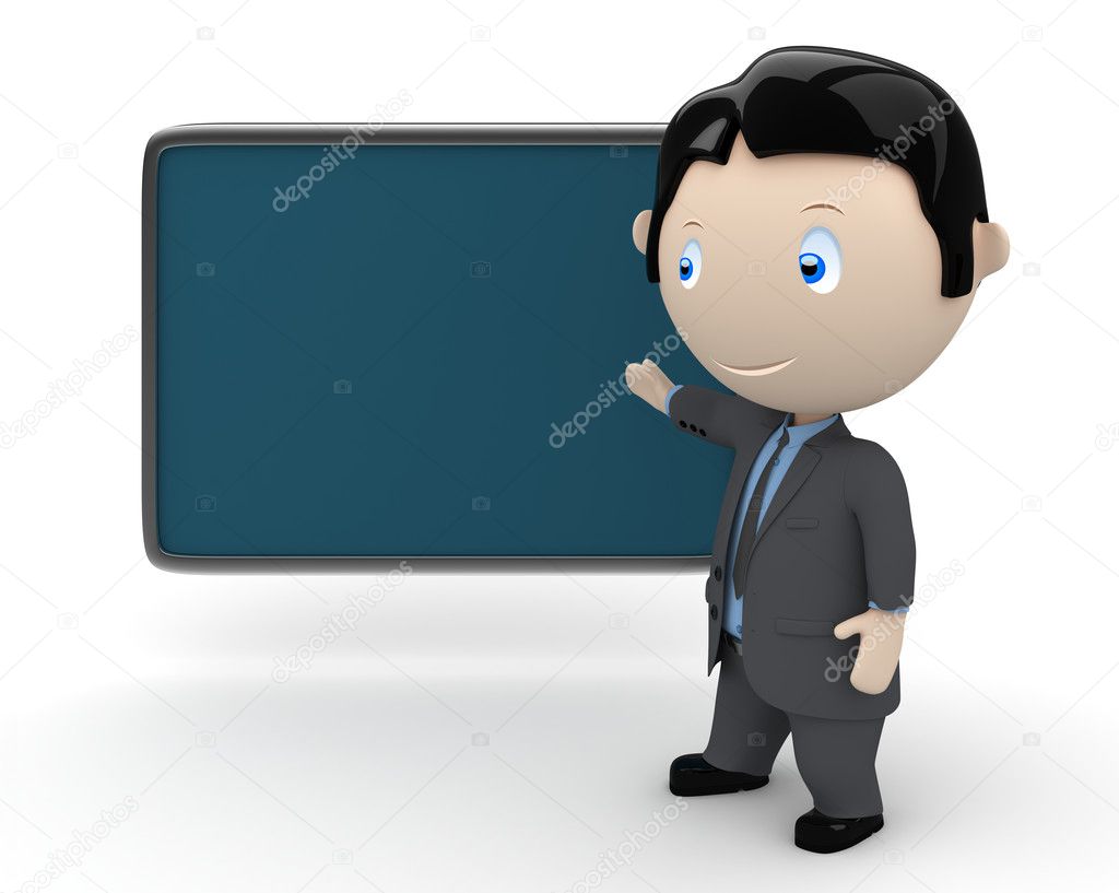 Place your text, logo, product on a blank copyspace. Social 3D characters: businessman in suit pointing at the blank rectangular space