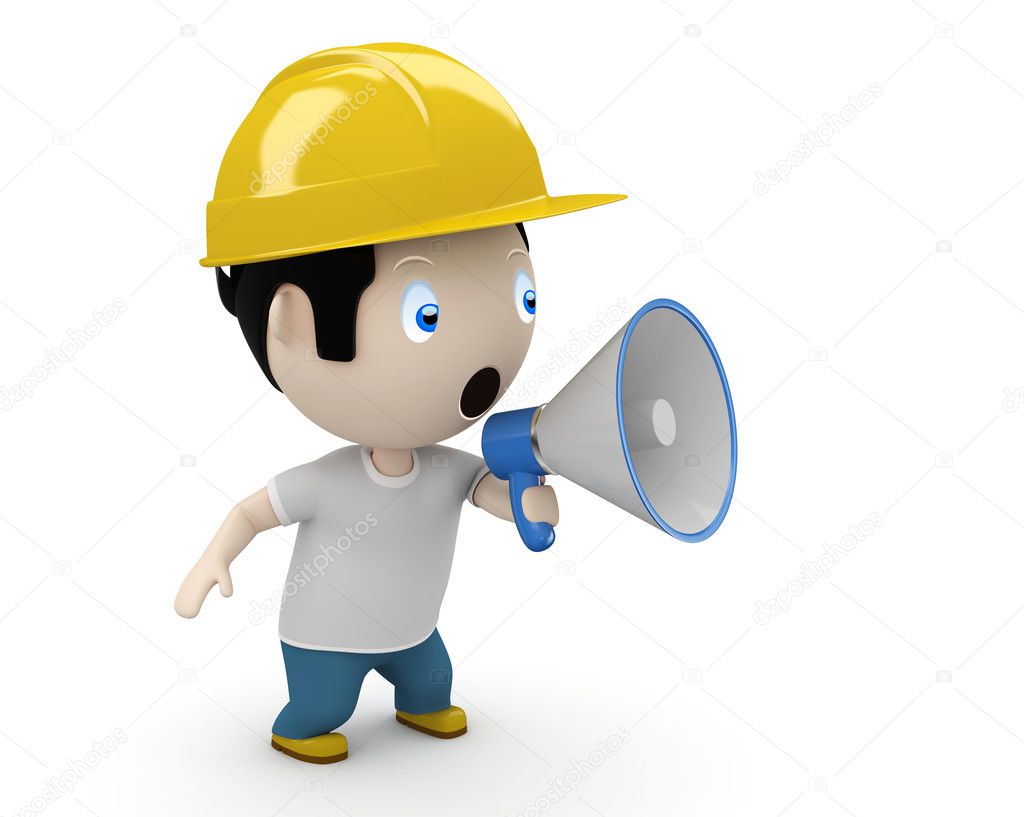 Announcement! Social 3D characters: man shouting into megaphone making loud noise. New constantly growing collection of expressive unique multiuse images. Concept for warning