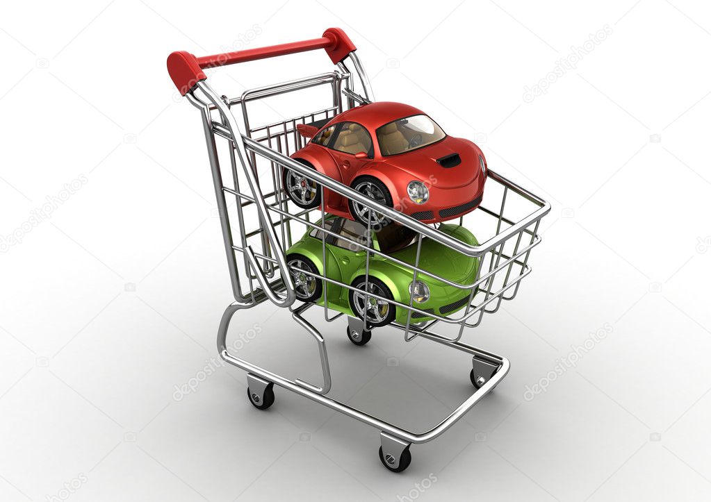 Red and green cars in shopping cart (funny micromachines series)