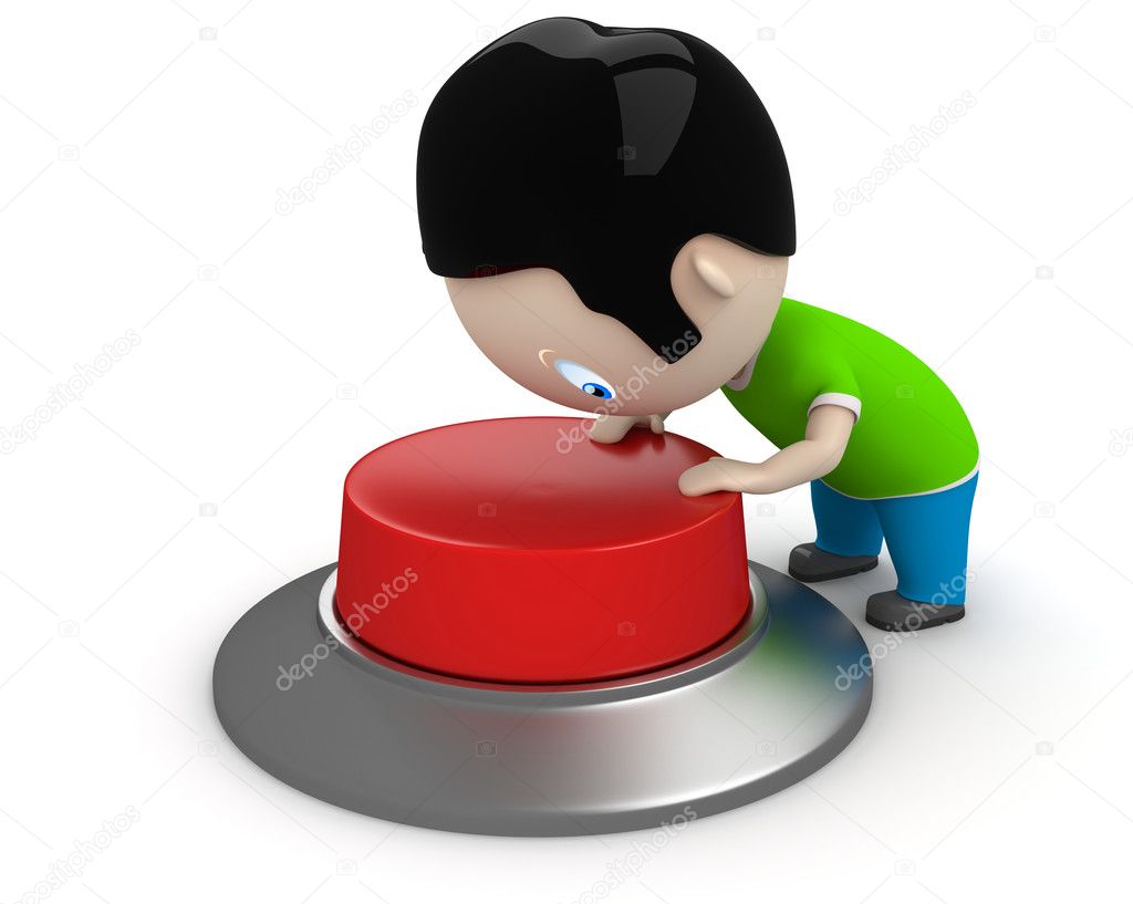 Start! Social 3D characters: boy pressing red button to start the process. New constantly growing collection of expressive unique multiuse images. Concept for start illustration. Isolated.