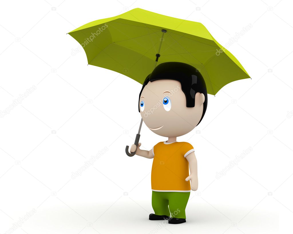 Under protection! Social 3D characters: young man standing with umbrella. New constantly growing collection of expressive unique multiuse images. Concept for insurance illustration. Isolated.