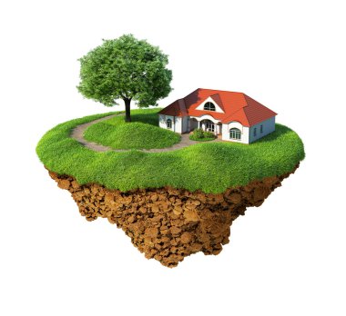 Little fine island - planet. A piece of land in the air. Lawn with house and tree. Pathway in the grass. Detailed ground in the base clipart