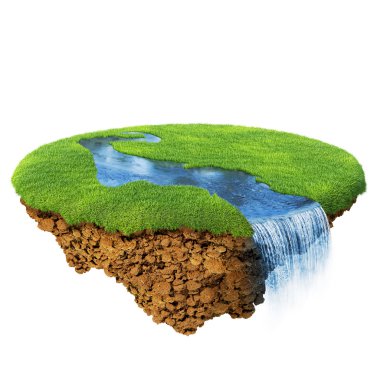 River with falls on the little magic planet. Piece of land in the air. Concept of success and happiness, idyllic ecological lifestyle. One of a series clipart
