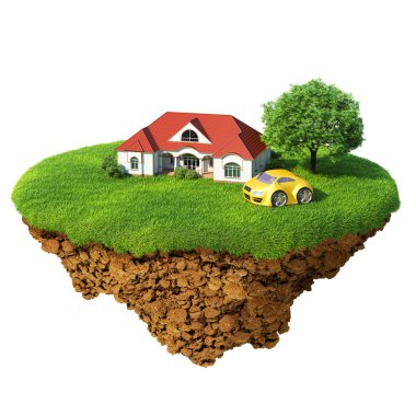 Life of a dream. Lawn with house, river, waterfall, tree and sports car. Fancy island in the air isolated. Detailed ground in the base. Concept of success and happiness, idyllic ecological lifestyle. clipart